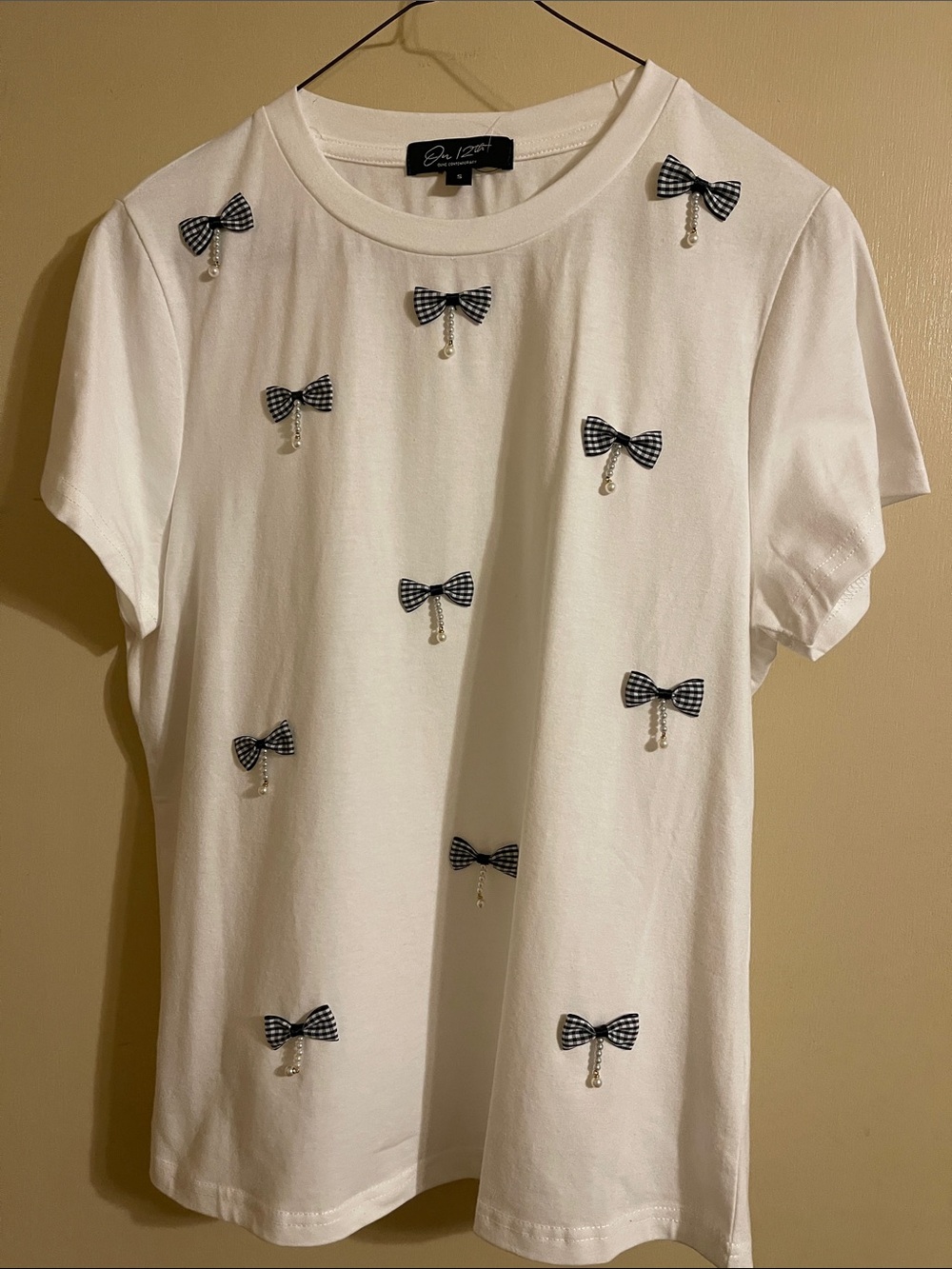 White Tee with Black Gingham Bow Appliqués
